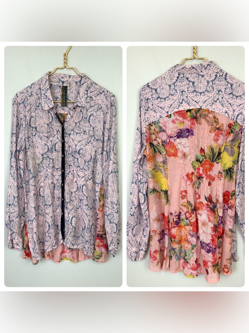 Aratta Silent Journey Sz Large Silk Cotton Floral Mixed Print Lightweight Top